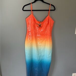 NWOT Orange to Blue Ombre Sequin Spaghetti Strap Dress with Starfish Accent